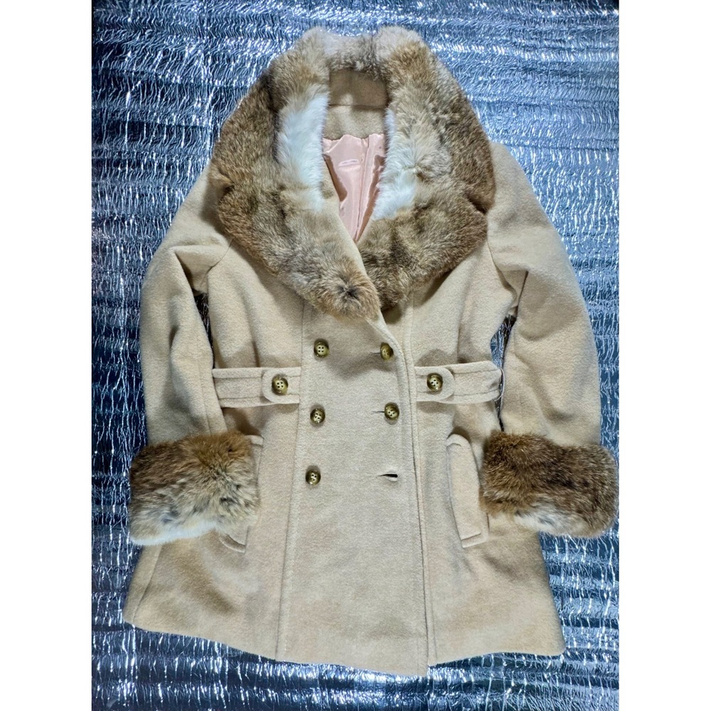 Vintage ILGWU Union Made Wool Fur Collar Cuffs Double Breasted Coat Beige USA